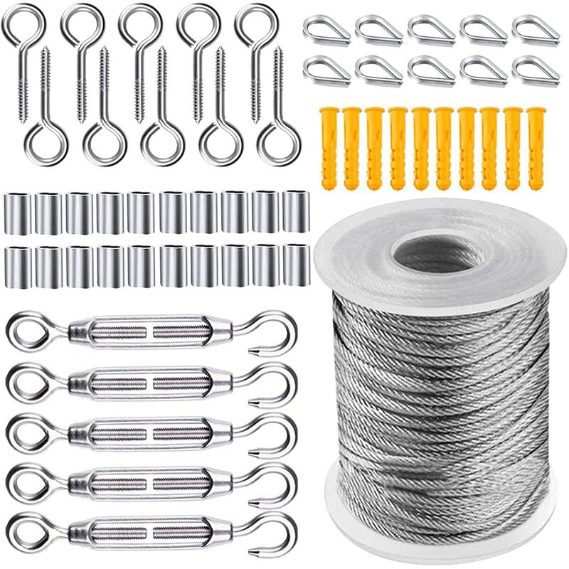Drahtseil-set, Stahl-gartenspannkabel, Aufhängeset Für Edelstahlseile, 50 M Nylon-beschichtetes Edelstahlkabel Für Wäscheleine, Zeltseil, 56-teilig
