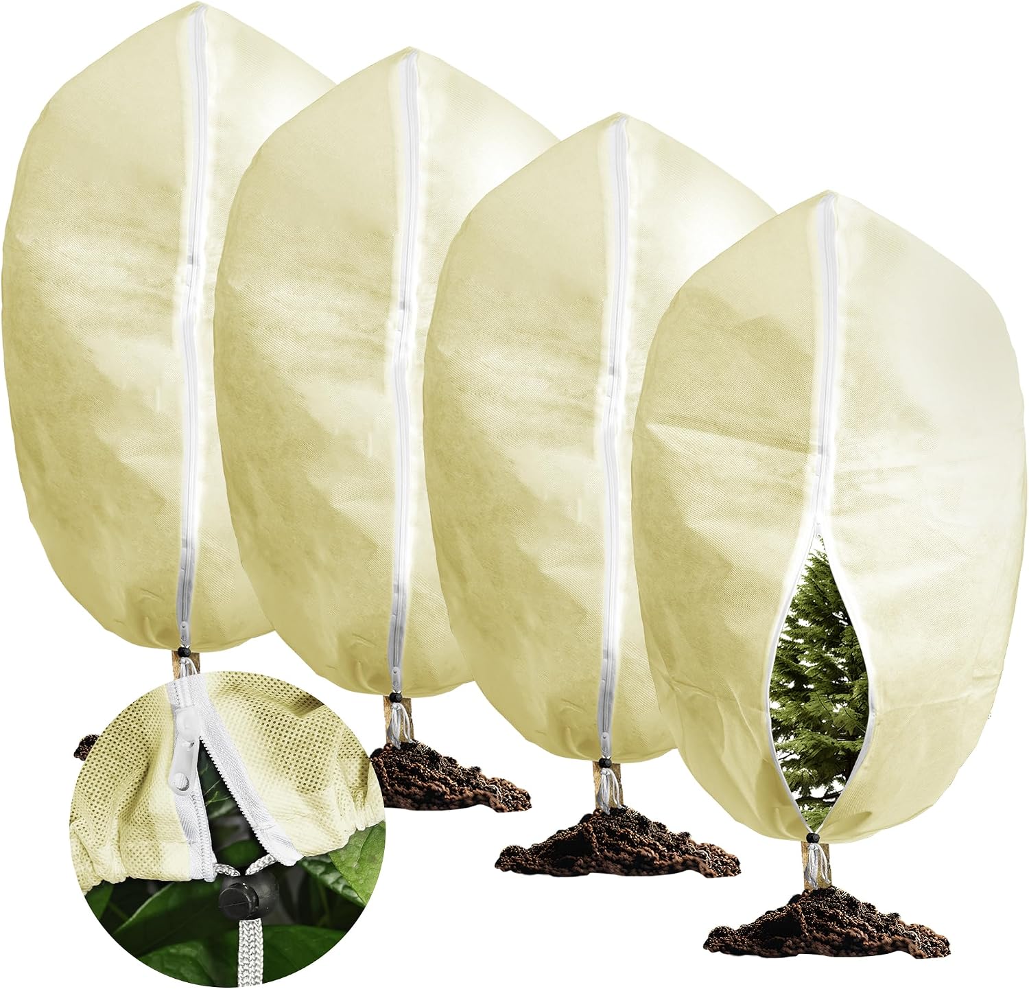 4er-pack Winterabdeckungen Für Outdoor-pflanzen, Atmungsaktiv, 70 G/m², Winterabdeckung Für Outdoor-pflanzen Mit Reißverschluss Und Kordelzug, Beige, 60 X 80 Cm