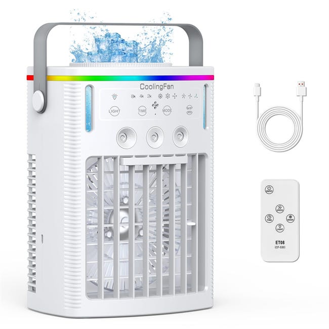 Tragbare Klimaanlage, Mini-verdunstungsklimaanlage Mit Zwei Düsen, 1000 Ml Fassungsvermögen, Fernbedienung, 3 Geschwindigkeitsstufen, 7 Lichtfarben, Fürs Schlafzimmer