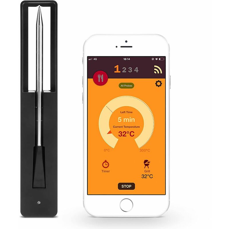 100 % Kabelloser Kochfühler, Vernetztes Fleischthermometer, Backofen, Temperaturregelung, Große Reichweite, Wi-fi/bluetooth-verbindung, Schwarz
