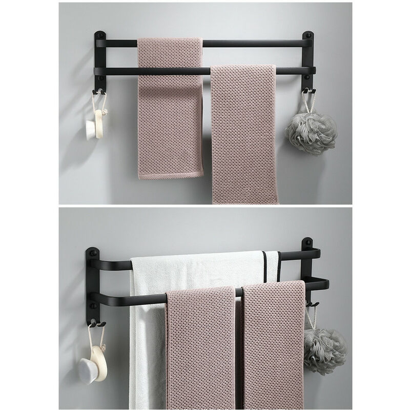 Wandmontierter Handtuchhalter Aus Aluminium – 2 Etagen – Mit Haken – 40 Cm – Wasserdicht – Schwarz – Für Badezimmer, Küche, Waschraum