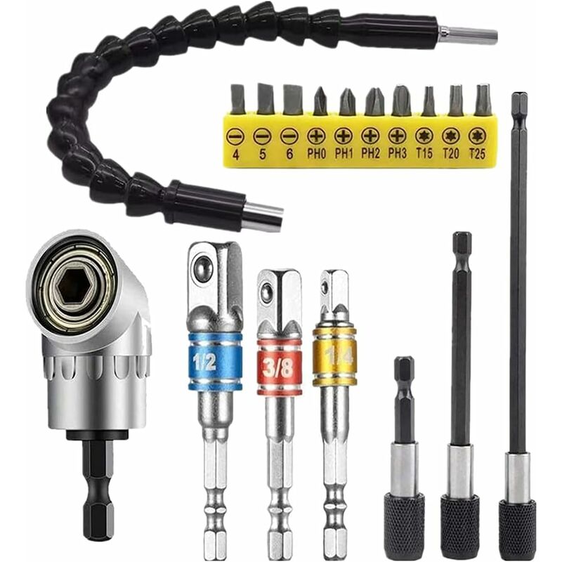 Flexibler Bohrer-105°-adapter – 3 Akkuschrauber-adapter (1/4, 3/8, 1/2 Zoll), 1 Flexibles Winkelverlängerungsset.