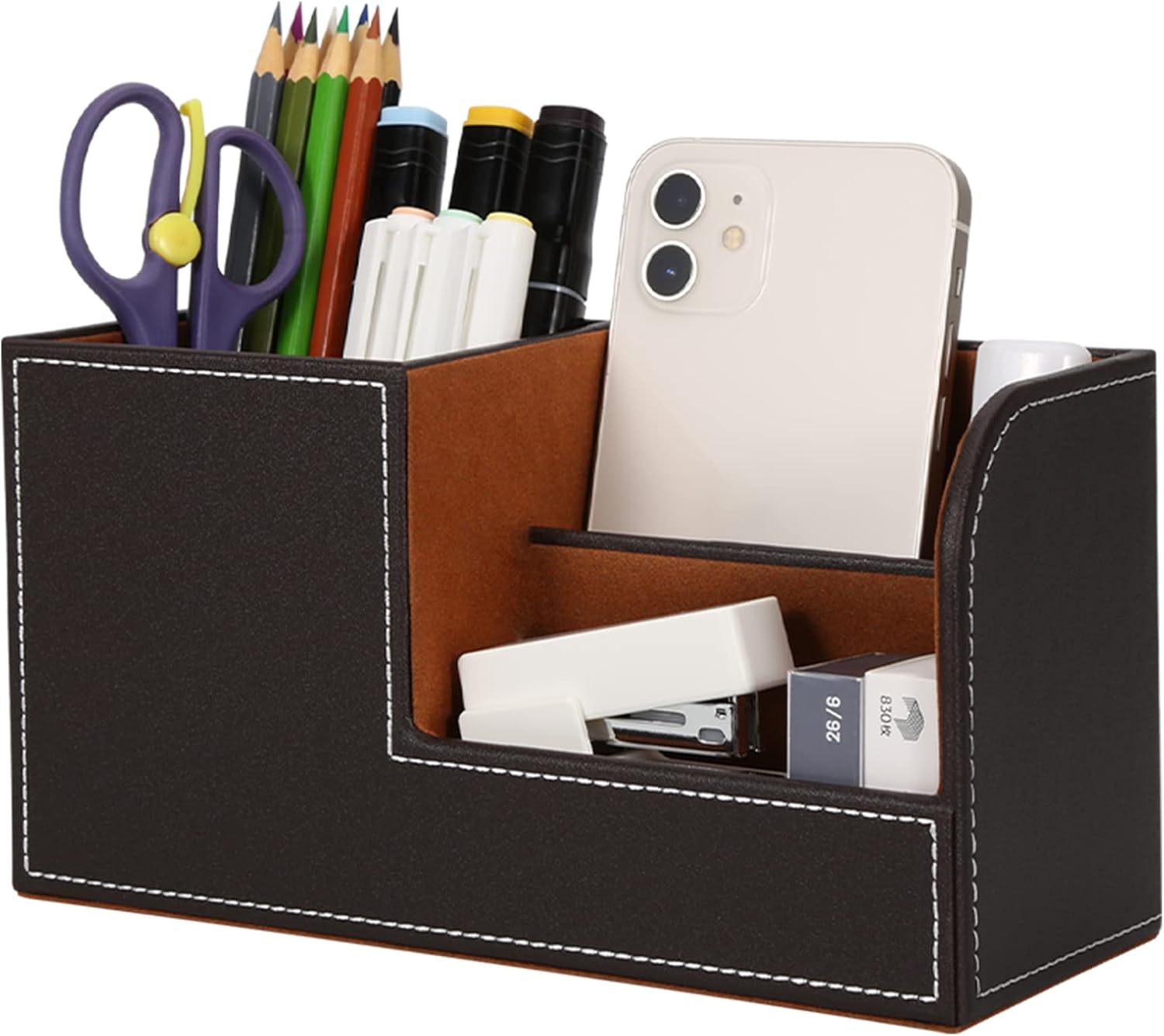 Schreibtisch-organizer-box, Leder-schreibtisch-organizer, Stilvoller Stifthalter, Platzsparende Schreibwaren-organizer-box, 3 Stiftfächer (braun)