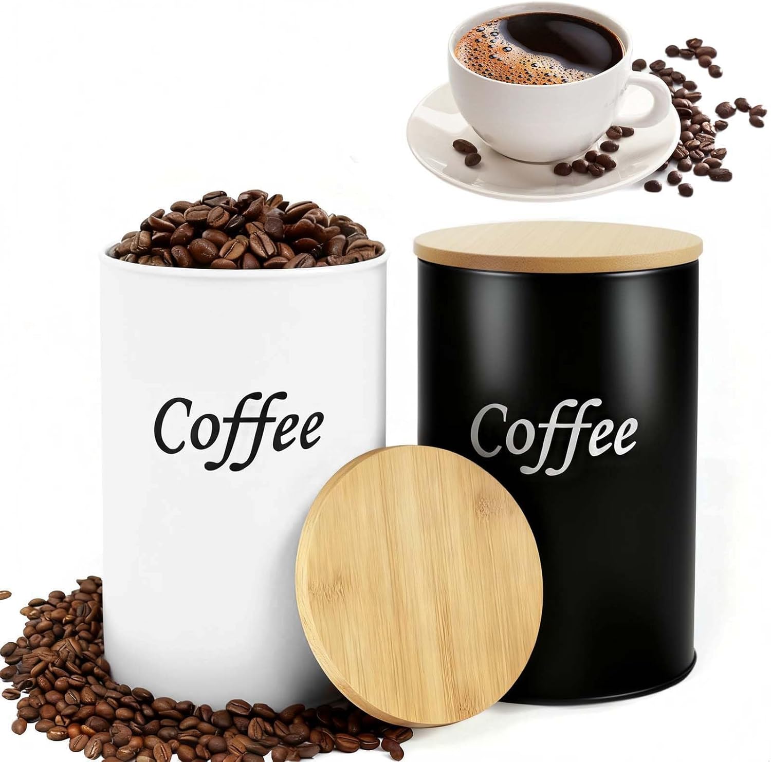 Set Mit 2 Luftdichten Kaffeedosen (schwarz & Weiß), 1000 Ml, Mit Bambusdeckeln – Behälter Für Kaffeebohnen, Gemahlenen Kaffee, Pads & Kapseln – Ideal Für Küchen, Paare Und Kaffeeliebhaber