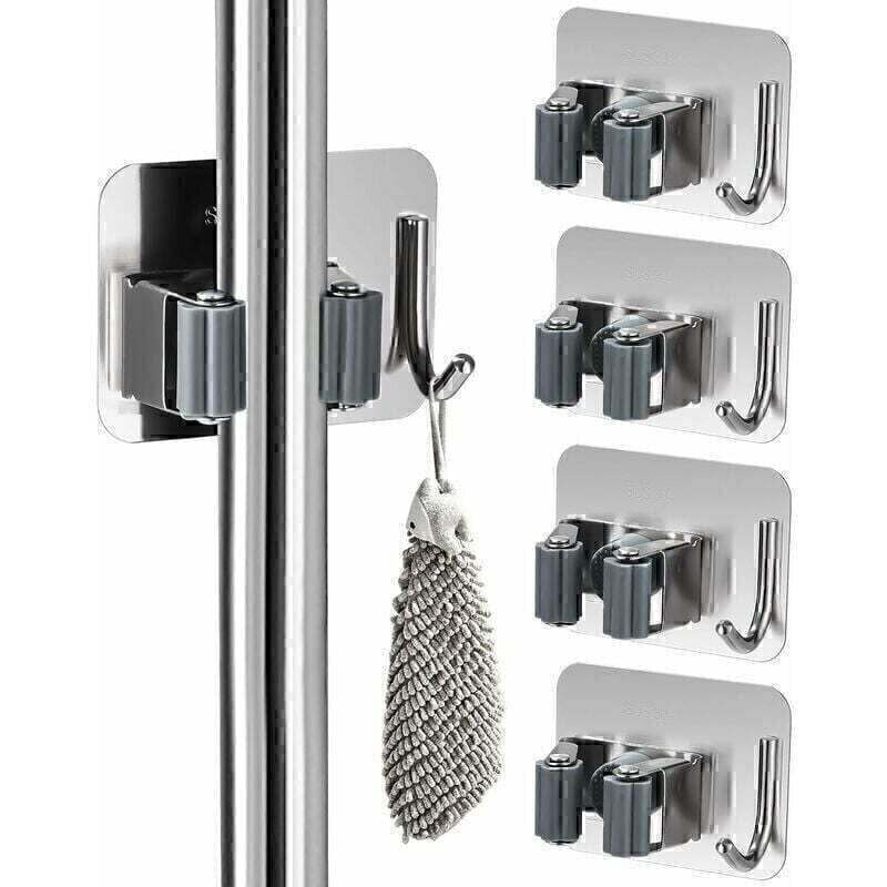 4 Stück Wandbesenhalter Ohne Bohren, Wandbesenhalter, Selbstklebender Besenhalter Aus Edelstahl, Wandbesenhalter Mit Haken, Für Küche, Bad, Garten Und Garage (silber)