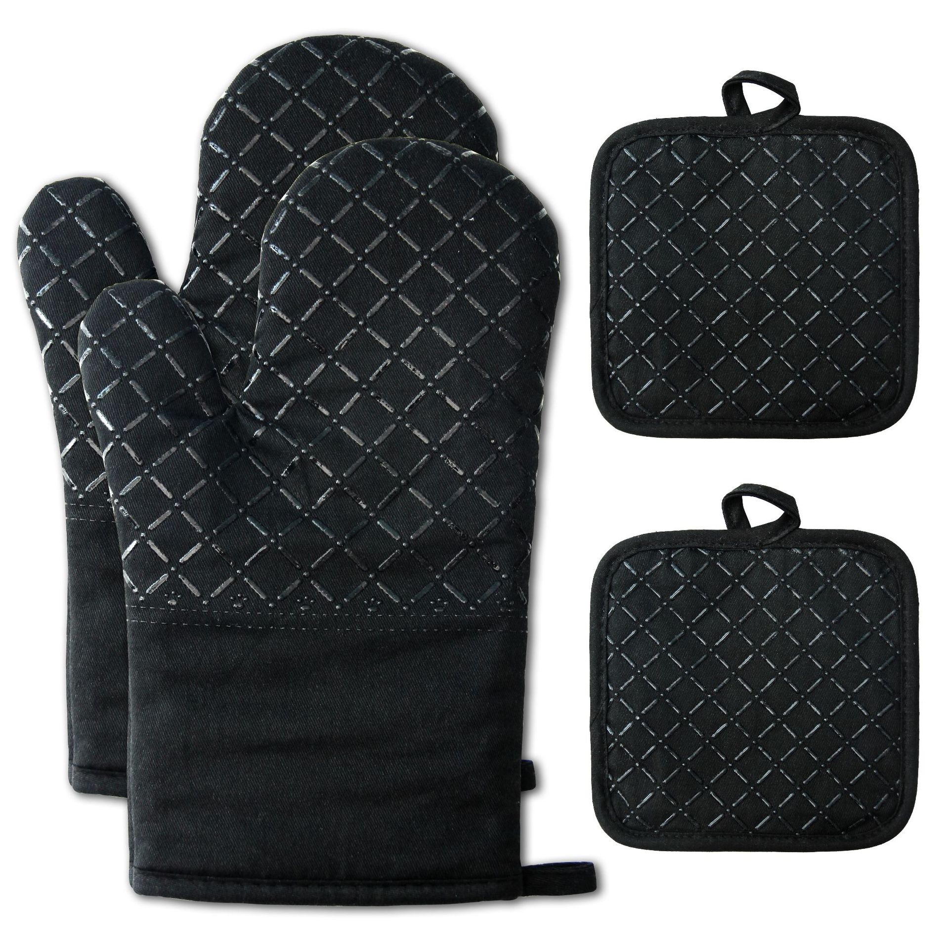 Ofenhandschuhe, 1 Paar Und Silikon-topflappen, Ofenhandschuhe, Küche Mit Topflappenmatte, Hitzebeständig, Rutschfest, Ofenhandschuh Für Grillen, Kochen, Backen, Mikrowelle (schwarz)