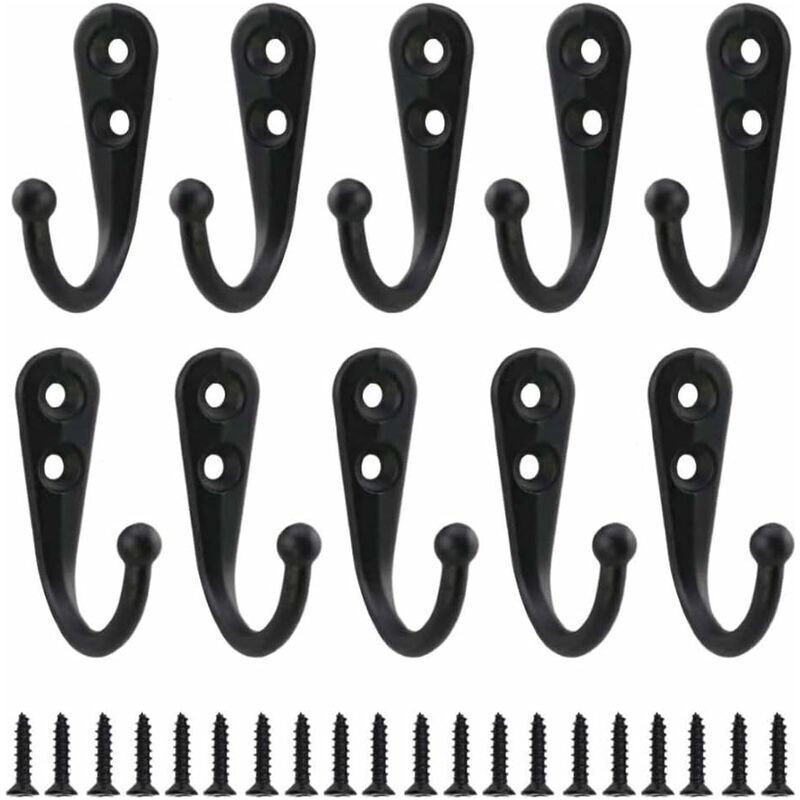 Set Mit 10 Schwarzen Retro-wandhaken Aus Metall, Einfache Schraubhaken, Vintage-wandbefestigung Für Bademäntel, Regale, Schubladen, Schränke, Badezimmer, Inklusive 20 Schrauben