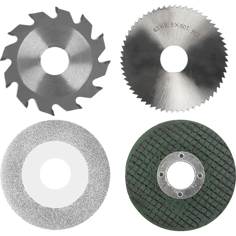 Dieses 4-teilige Kettensägeblatt-set Beinhaltet Ein 2,5-zoll (63 Mm) Großes Sägeblatt Aus Harz Und Ein 60 Mm Großes 2,5-zoll-sägeblatt Aus Hochgeschwindigkeitsstahl Mit Diamantlegierung.
