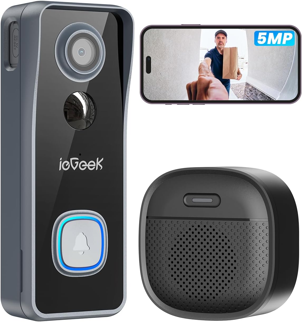 Iegeek 5mp Wlan Video Türklingel Mit Kamera, 2,5k Klingel Haustür Ohne Abo Alexa-kompatibel, 166° Weitwinkel, Nachtsicht, Ai Bewegungserkennung, 2-wege-audio, Sd- & Cloud-speicher, 2,4ghz Wifi