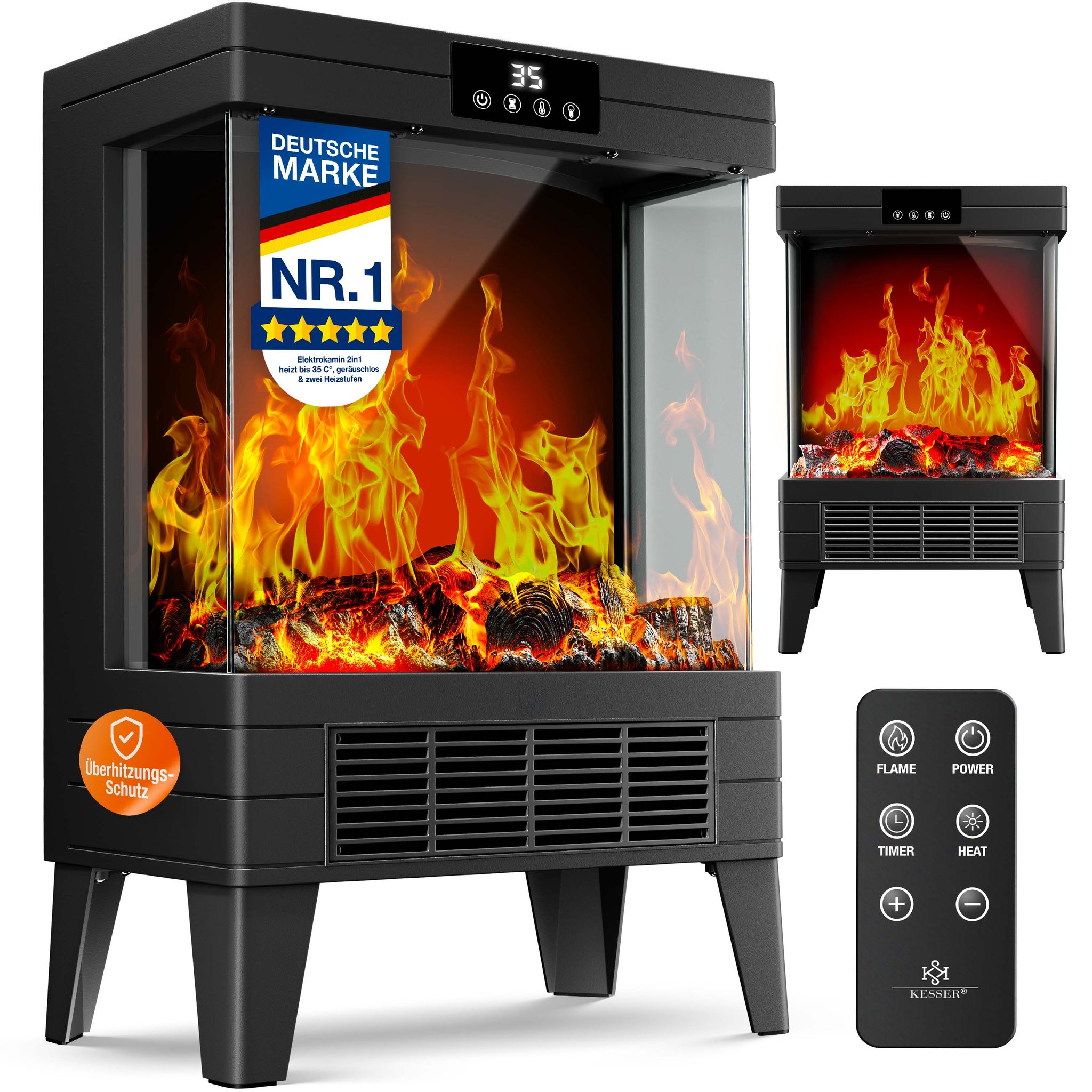 Kesser® Led Kamin Arvo Mit Heizung, 1800w, Timer, Fernbedienung - Schwarz