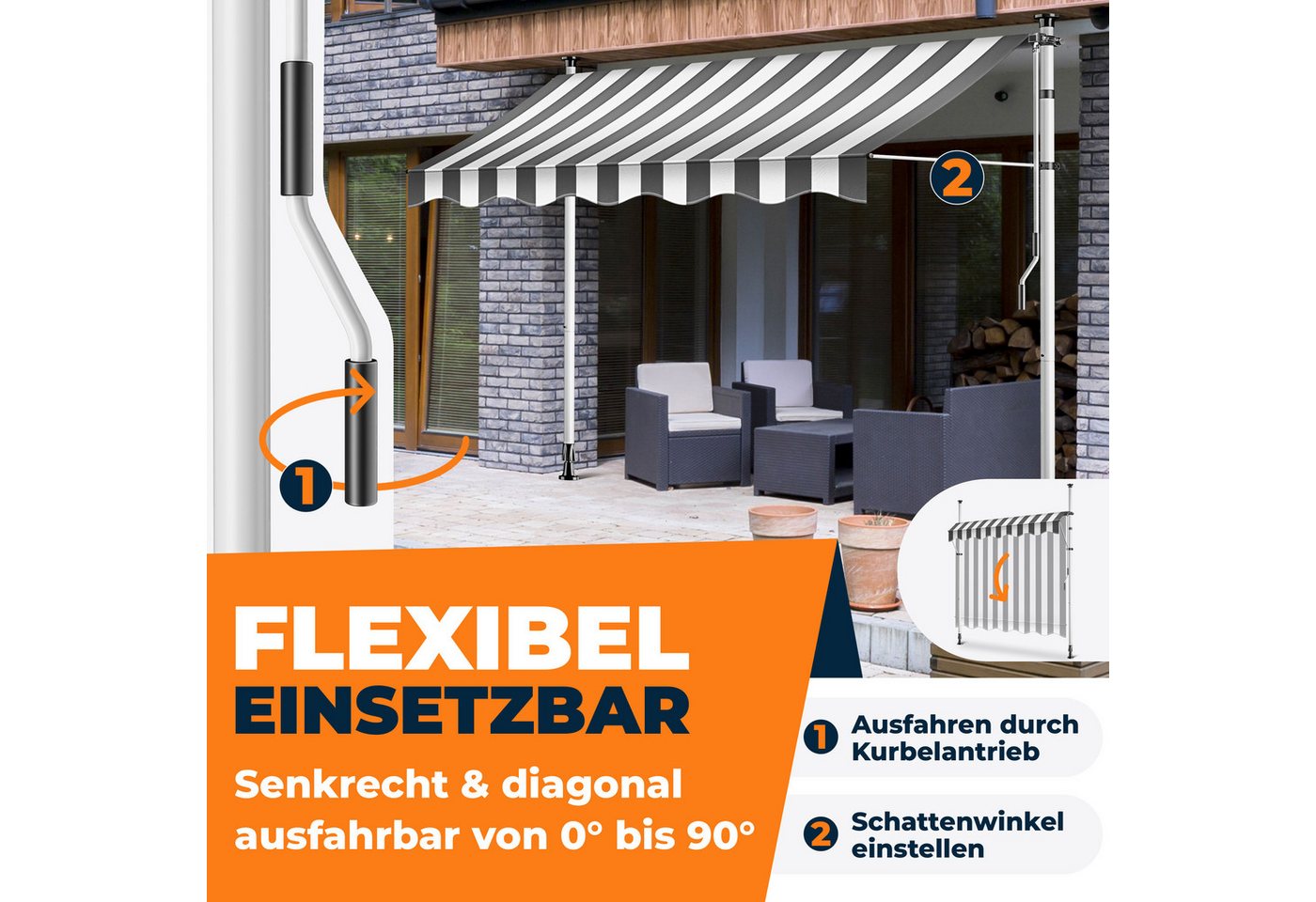 Kesser® Klemmmarkise, Handkurbel, Ohne Bohren - 300 Cm, Anthrazit / Weiß Bild 3