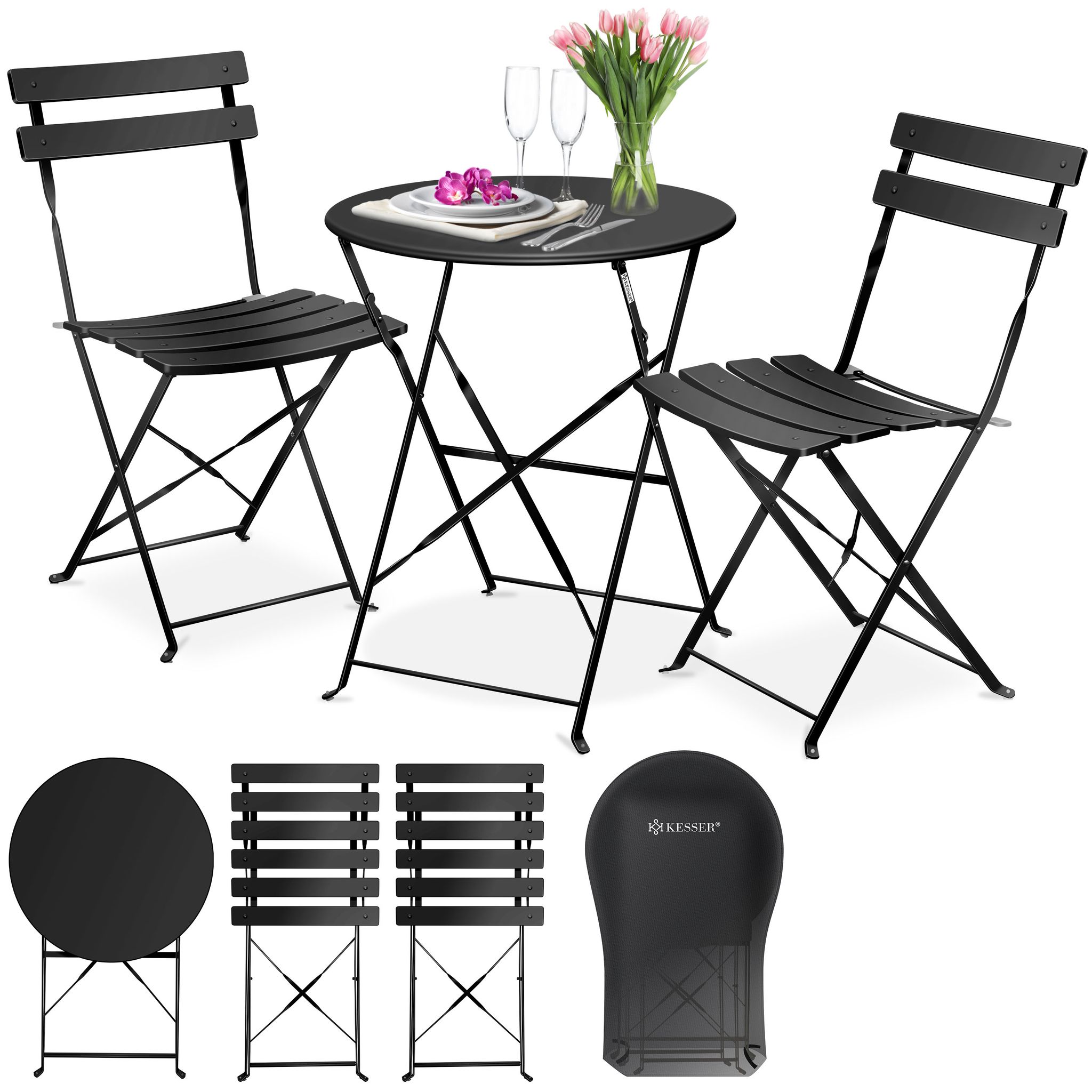 Kesser® Bistroset 3-teilig, Tisch & 2 Klappstühle, Metall - Schwarz