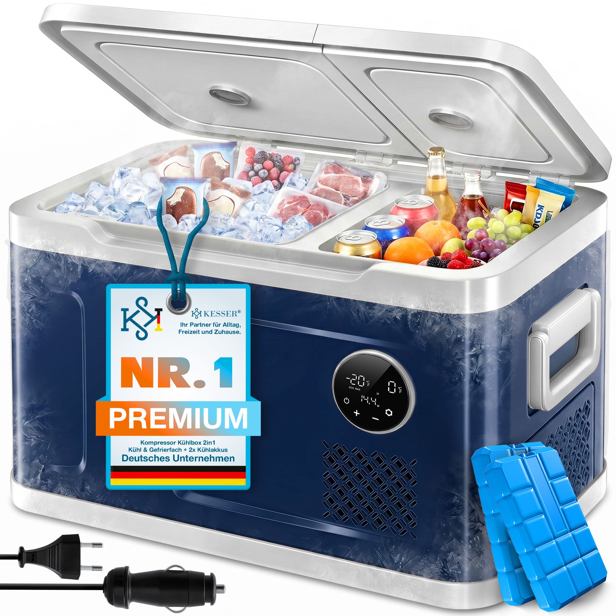 Kesser® Kompressor-kühlbox 2in1, Doppelzone, -20 °c - 49 L, Navyblau / Hellgrau