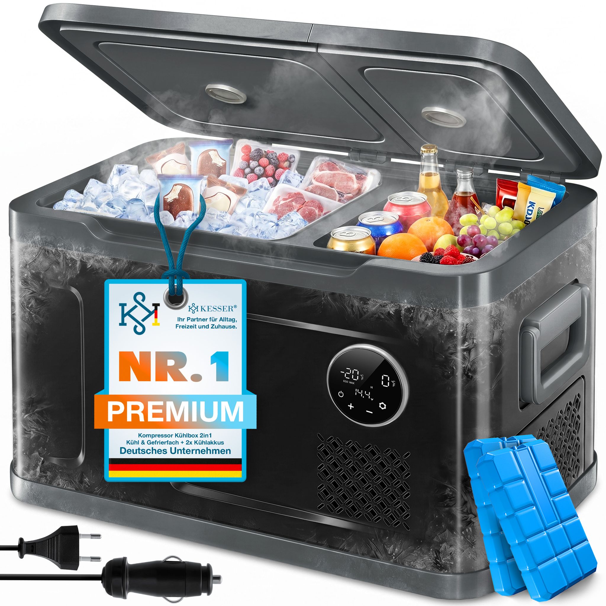 Kesser® Kompressor-kühlbox 2in1, Doppelzone, -20 °c - 49 L, Schwarz / Anthrazit