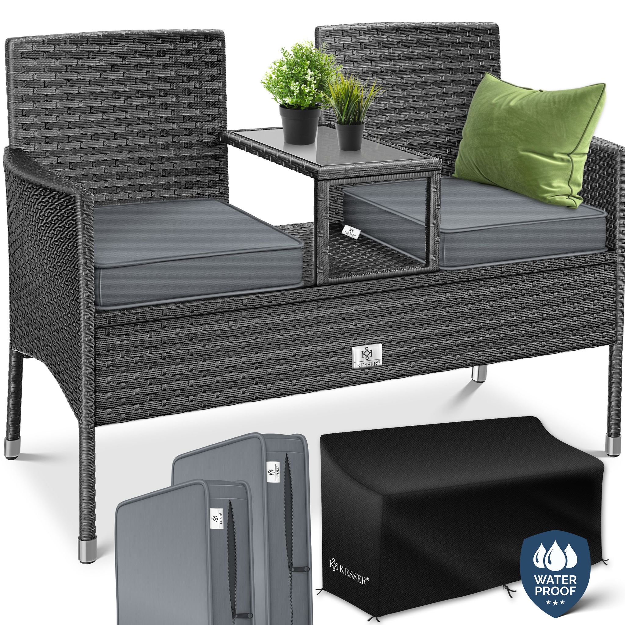 Kesser® Polyrattan Gartenbank 2-sitzer Mit Tisch - Anthrazit
