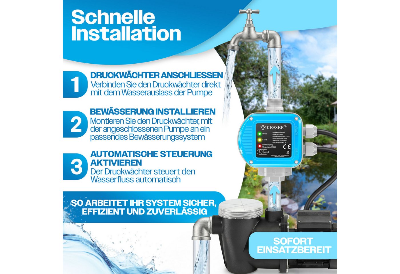 Kesser® Druckschalter Für Pumpensteuerung, Gartenbewässerung - Blau, 2,2 Kw