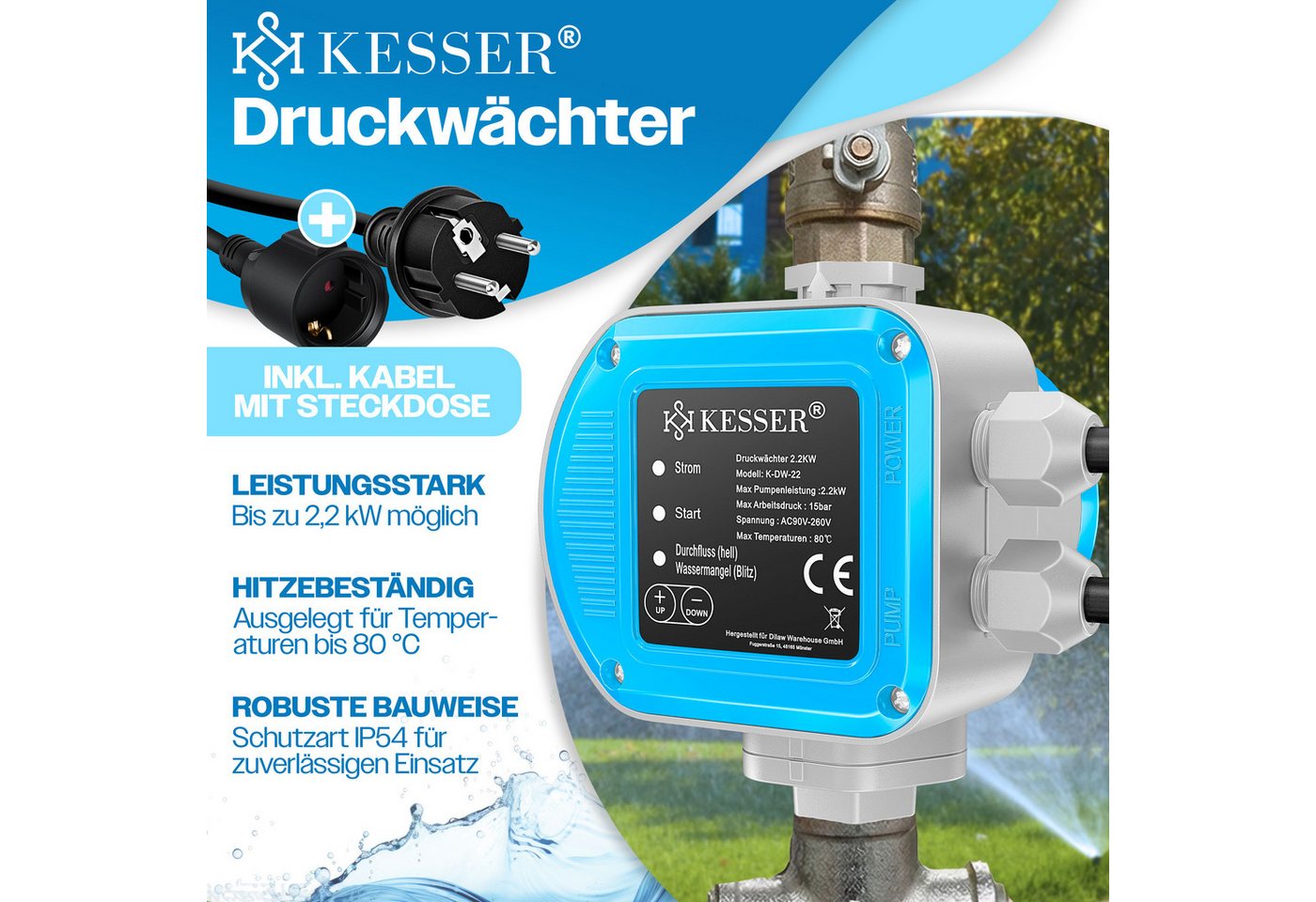 Kesser® Druckschalter Für Pumpensteuerung, Gartenbewässerung - Blau, 2,2 Kw Bild 2