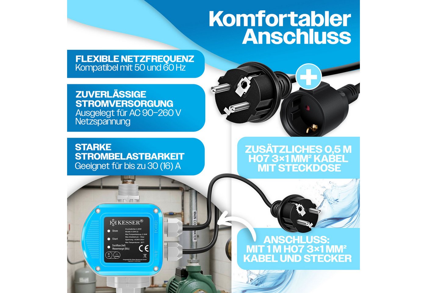 Kesser® Druckschalter Für Pumpensteuerung, Gartenbewässerung - Blau, 2,2 Kw Bild 3