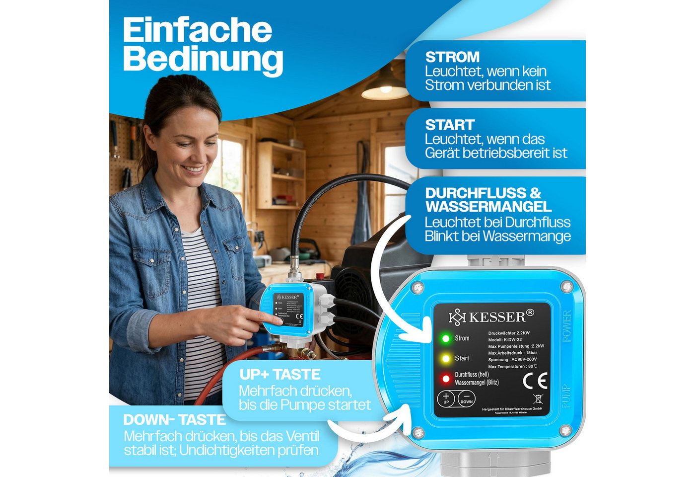 Kesser® Druckschalter Für Pumpensteuerung, Gartenbewässerung - Blau, 2,2 Kw Bild 4