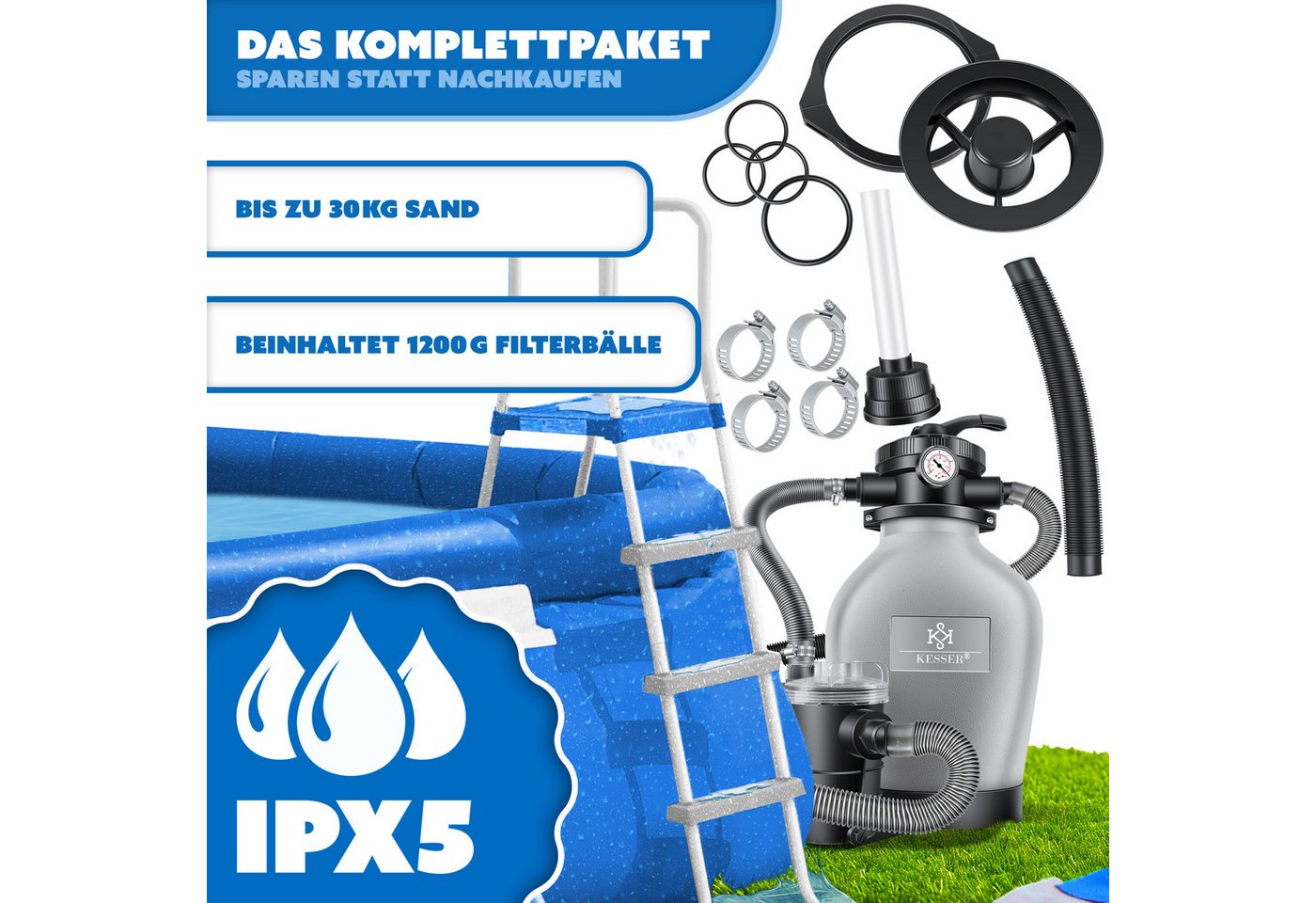 Kesser® Sandfilteranlage Mit Pumpe, 600 W, 13.200 L/h, 7-wege-ventil - Grau