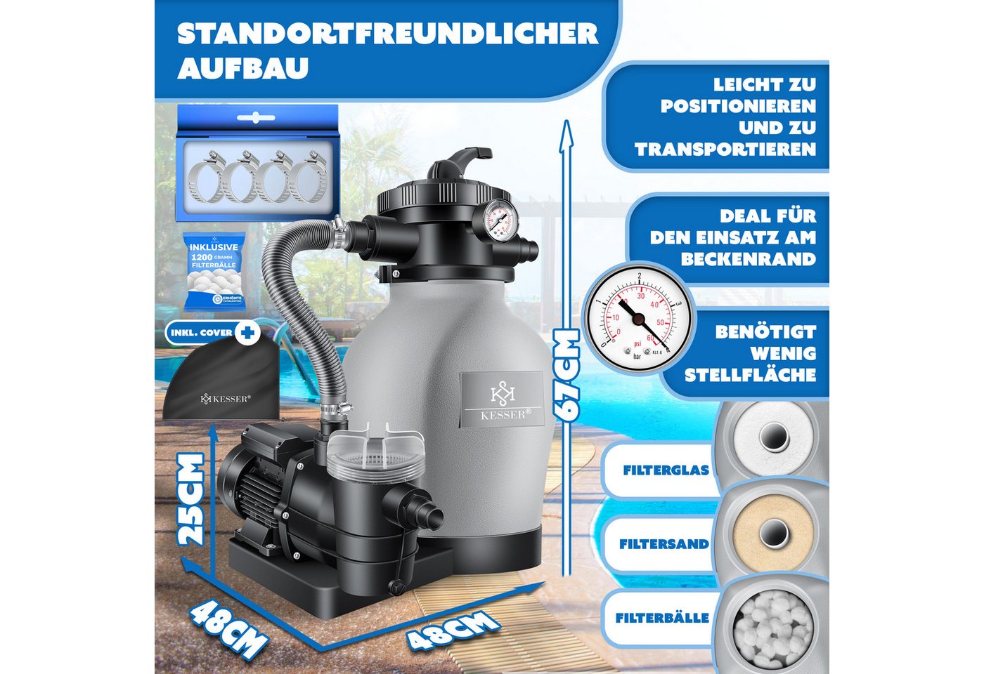 Kesser® Sandfilteranlage Mit Pumpe, 600 W, 13.200 L/h, 7-wege-ventil - Grau Bild 3