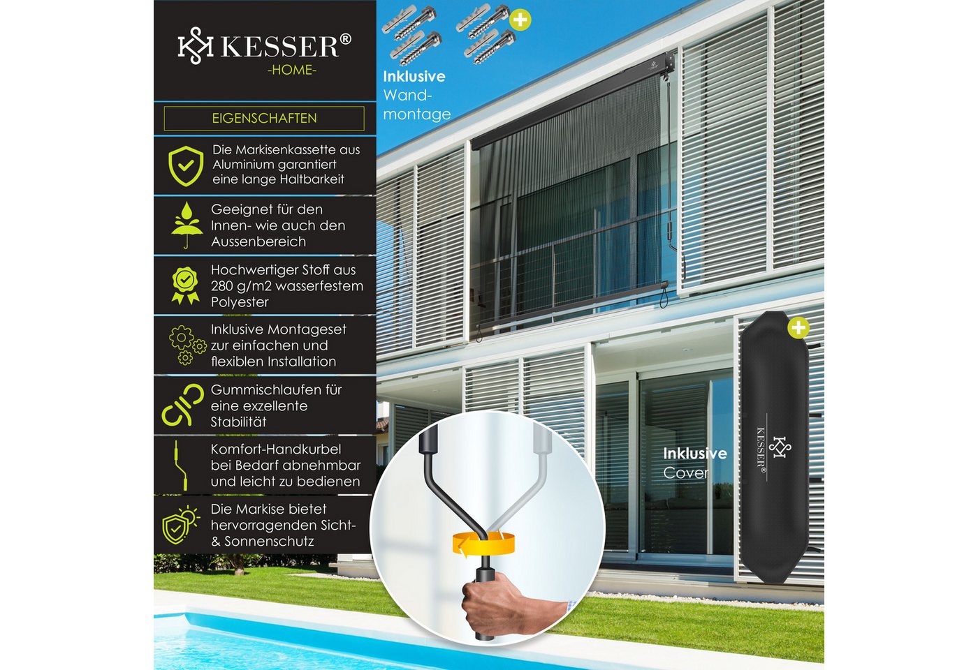 Kesser® Senkrechtmarkise, Mit Handkurbel - 160 X 250 Cm, Transparent / Anthrazit Bild 3