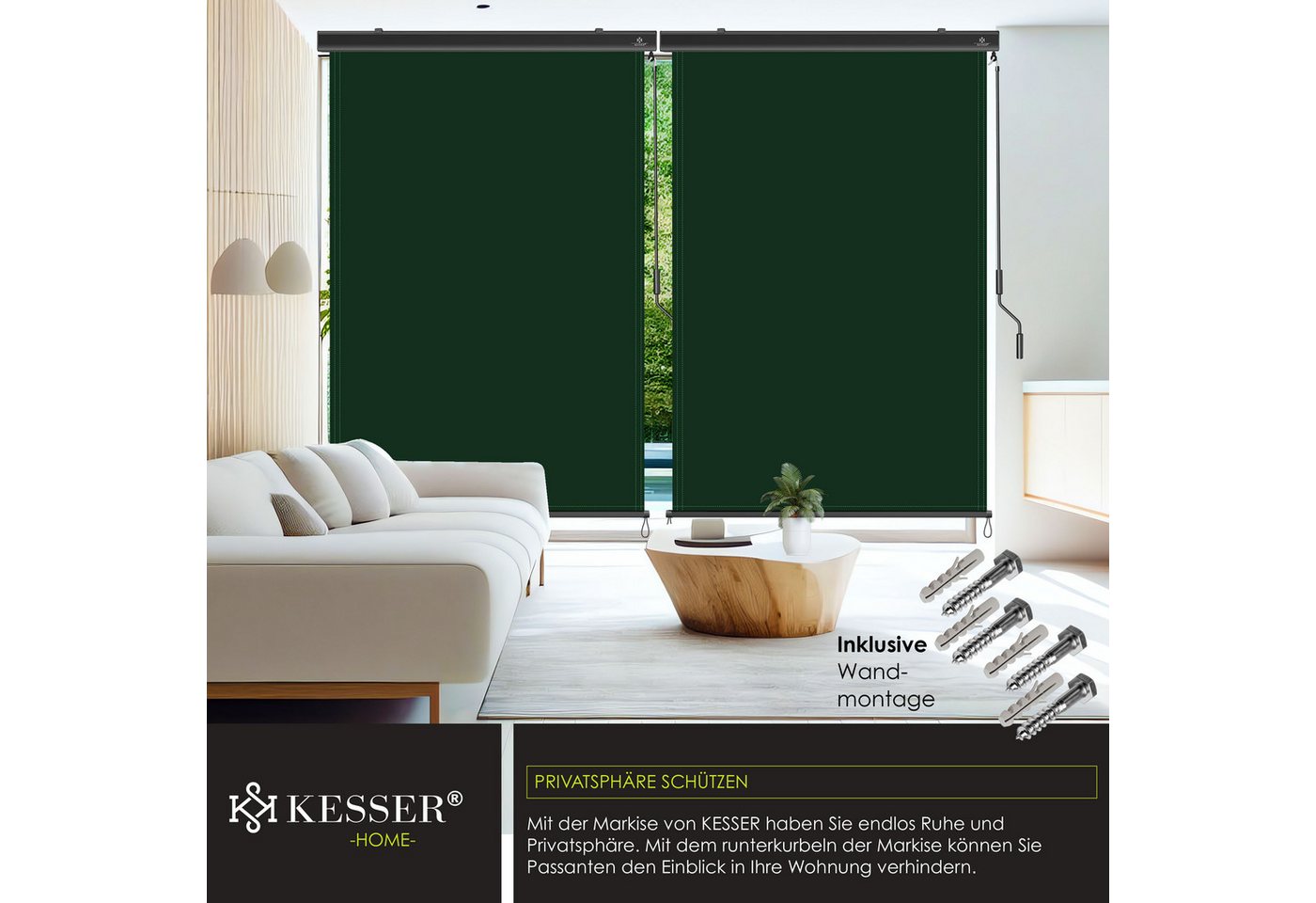 Kesser® Senkrechtmarkise, Mit Handkurbel - Dunkelgrün, 180 X 250 Cm