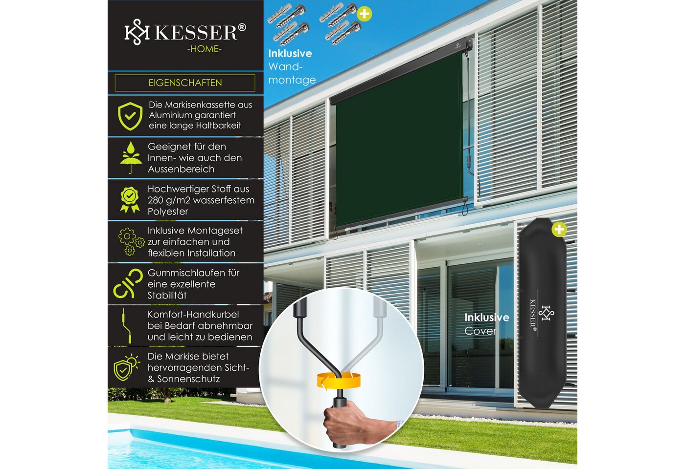 Kesser® Senkrechtmarkise, Mit Handkurbel - Dunkelgrün, 180 X 250 Cm Bild 3