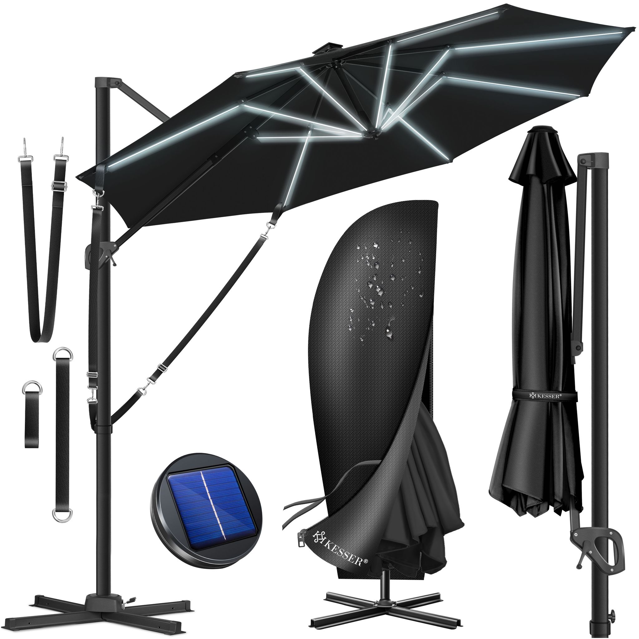 Kesser® Ampelschirm Sun Xl Ø330 Cm, Drehbar, Uv50+ - Schwarz, Mit Led