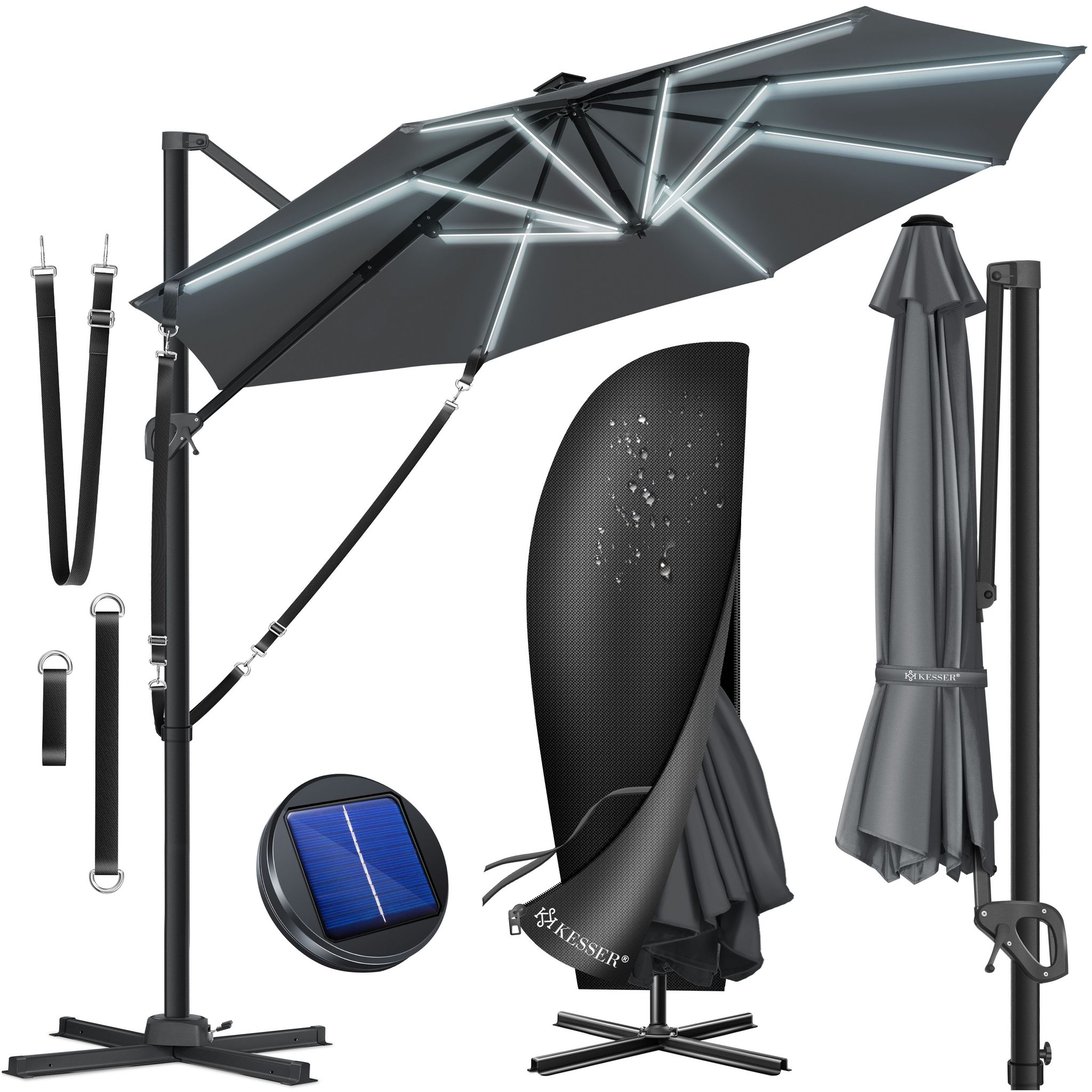 Kesser® Ampelschirm Sun Xl Ø330 Cm, Drehbar, Uv50+ - Anthrazit, Mit Led