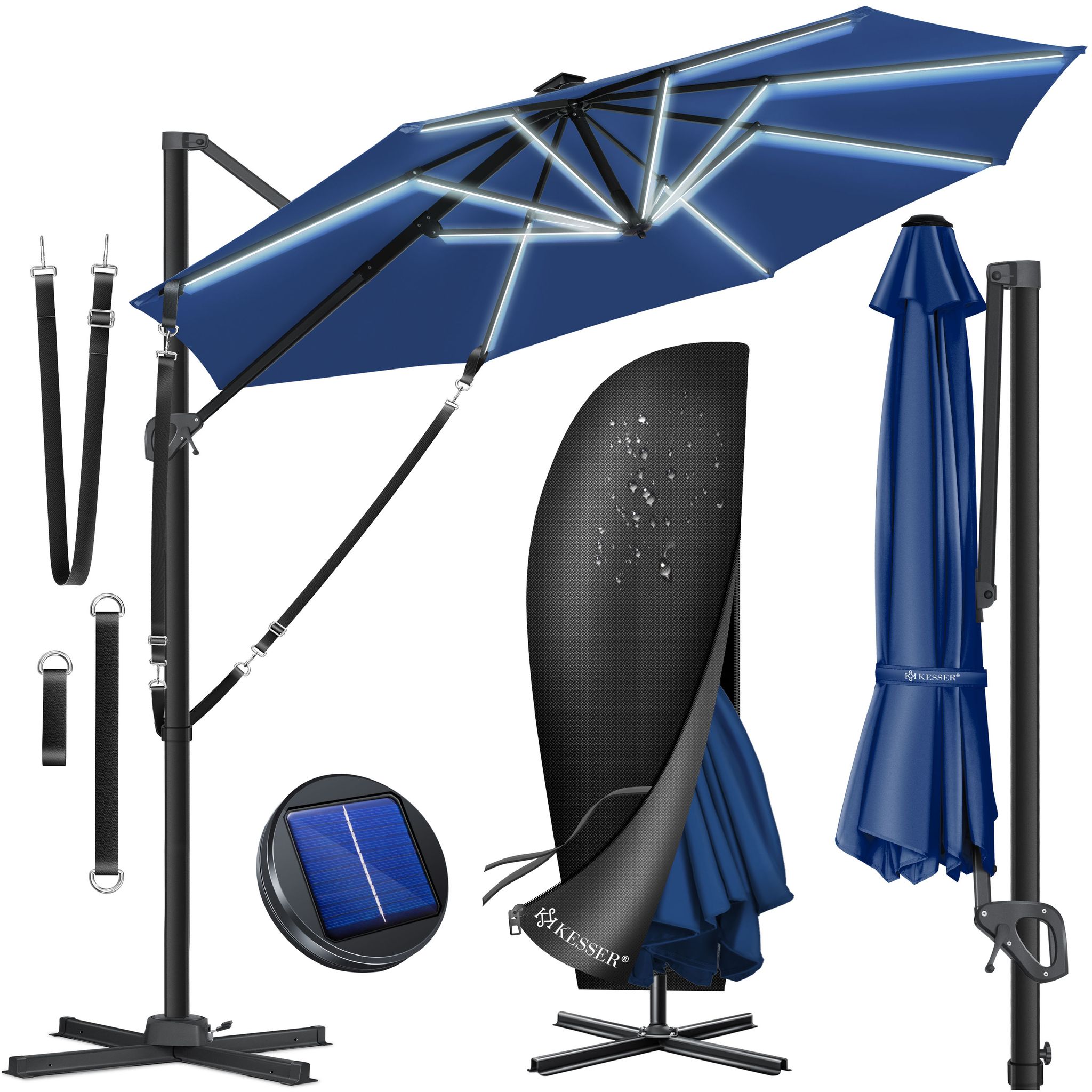 Kesser® Ampelschirm Sun Xl Ø330 Cm, Drehbar, Uv50+ - Navyblau, Mit Led