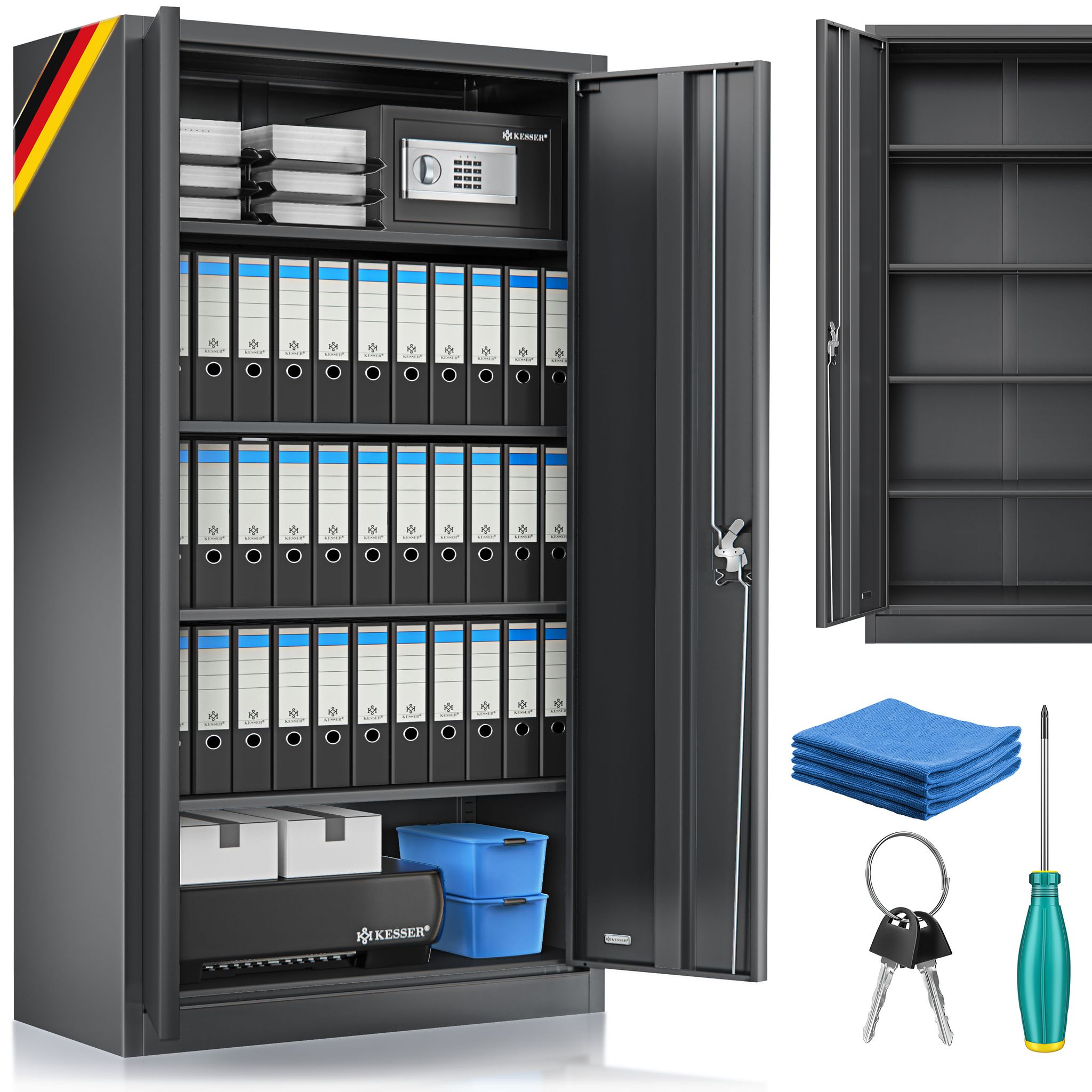 Kesser® Aktenschrank Abschließbar Stahl, Höhenverstellbare Böden – 180 X 80 X 40 Cm / Schwarz