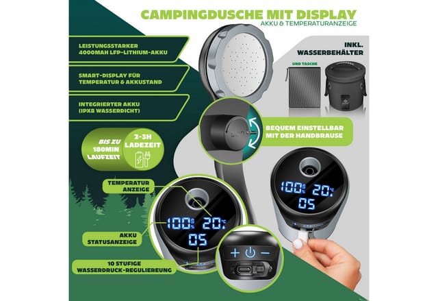 Kesser® Campingdusche Mit Pumpe & Akku 8000 Mah, Duschkopf, 2 M Schlauch