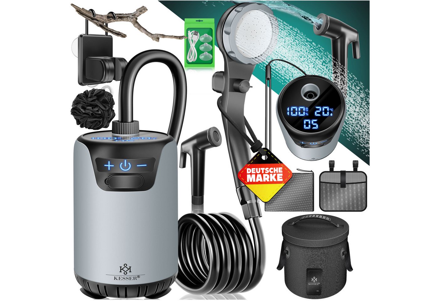 Kesser® Campingdusche Mit Pumpe & Akku 8000 Mah, Duschkopf, 2 M Schlauch Bild 2