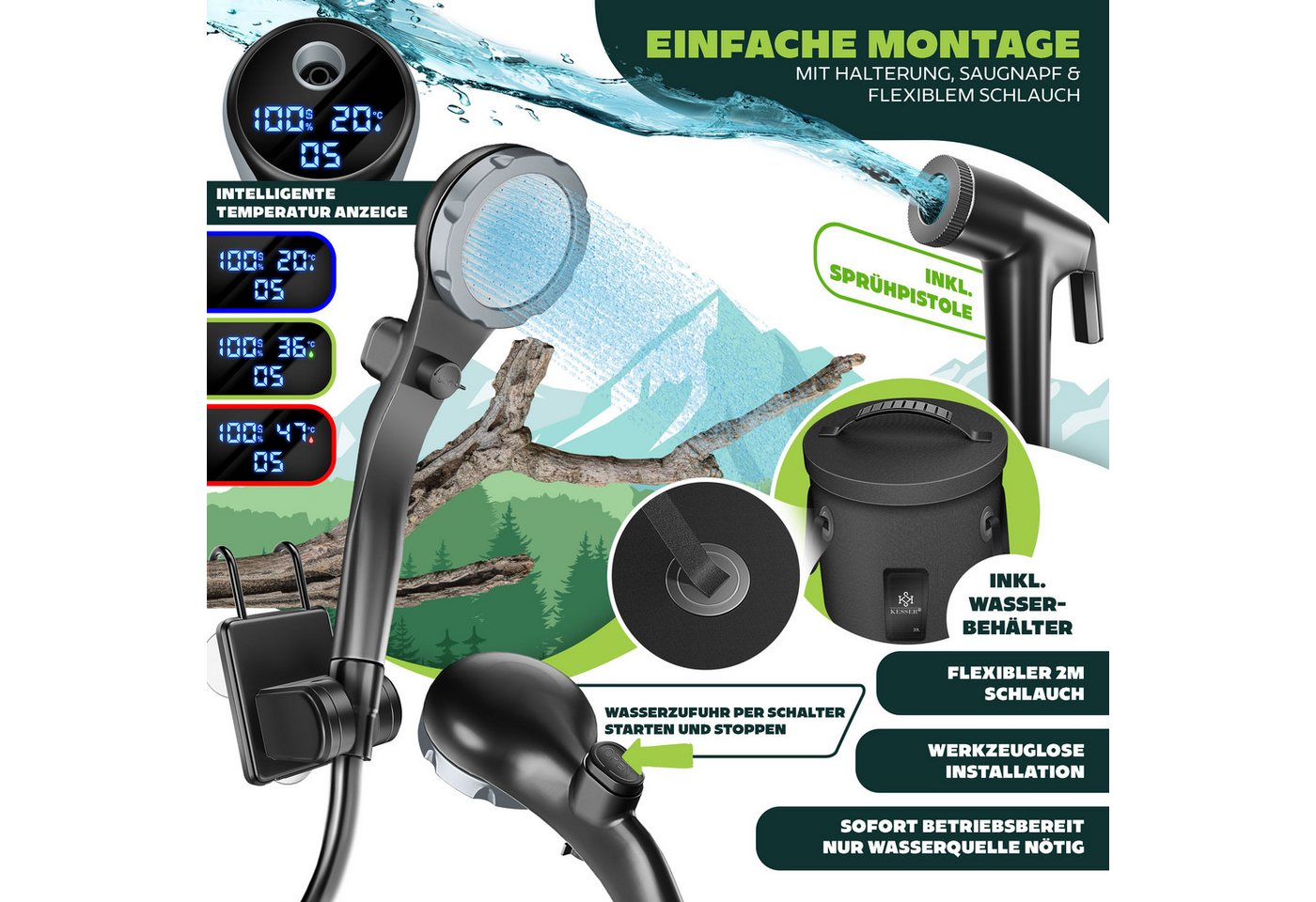 Kesser® Campingdusche Mit Pumpe & Akku 8000 Mah, Duschkopf, 2 M Schlauch Bild 4
