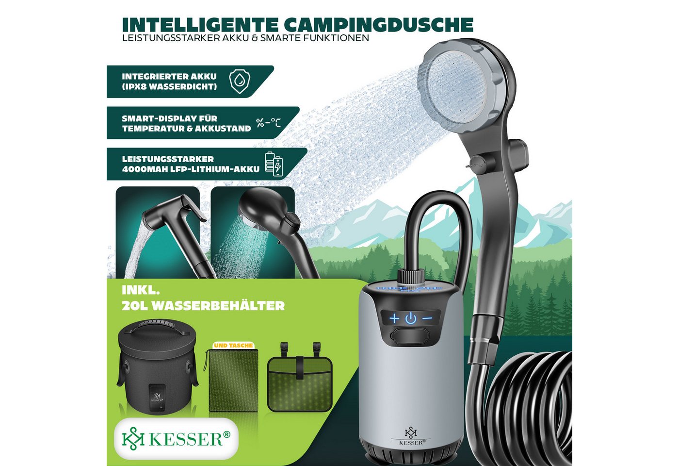 Kesser® Campingdusche Mit Pumpe & Akku 8000 Mah, Duschkopf, 2 M Schlauch Bild 5