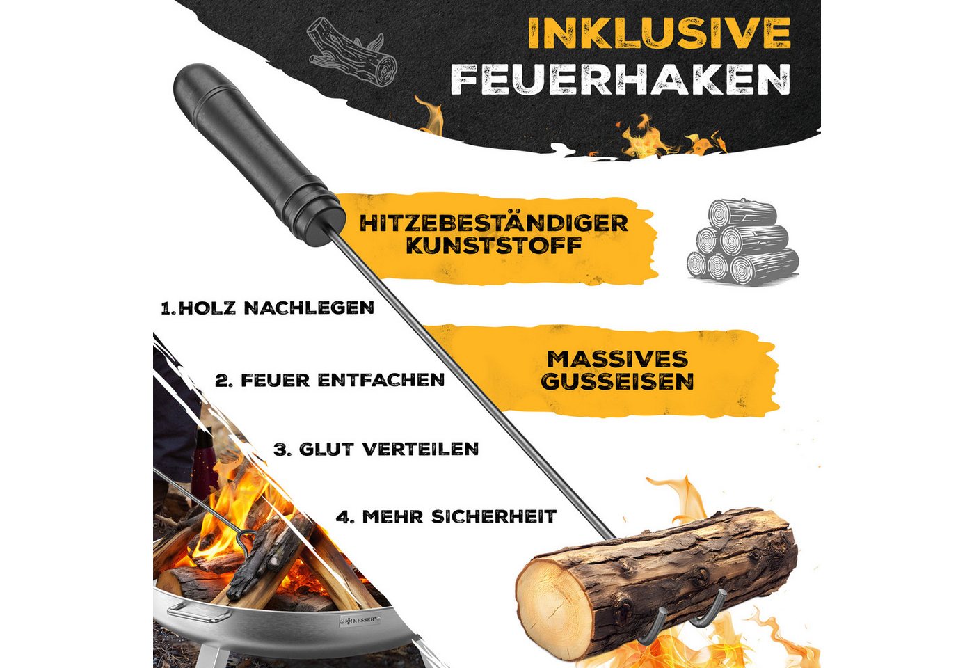 Kesser® Feuerschale Ø 60-80 Cm, 2,5 Mm Stahl - Feuerhaken, Legierter Stahl