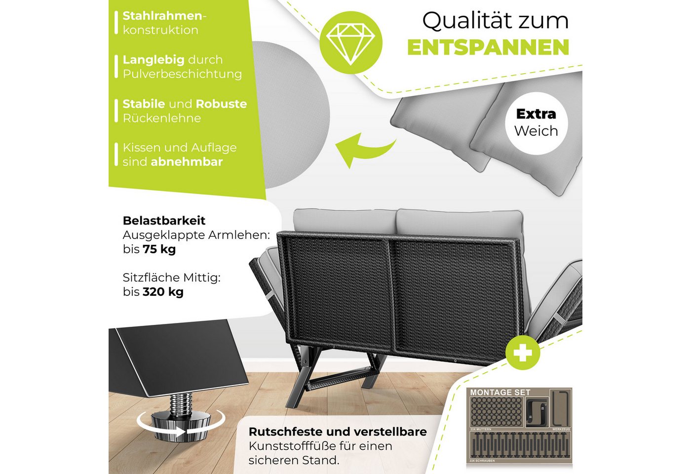 Kesser® Gartenbank Luna, Polyrattan, Liegefunktion, 4-in-1 - Schwarz / Grau