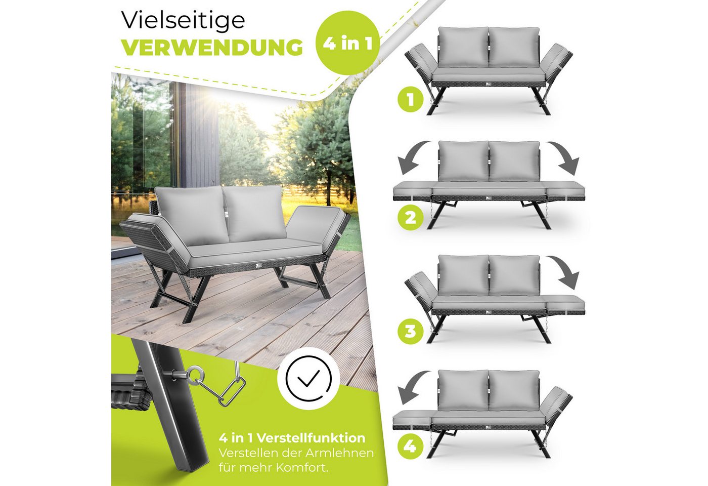 Kesser® Gartenbank Luna, Polyrattan, Liegefunktion, 4-in-1 - Schwarz / Grau Bild 2