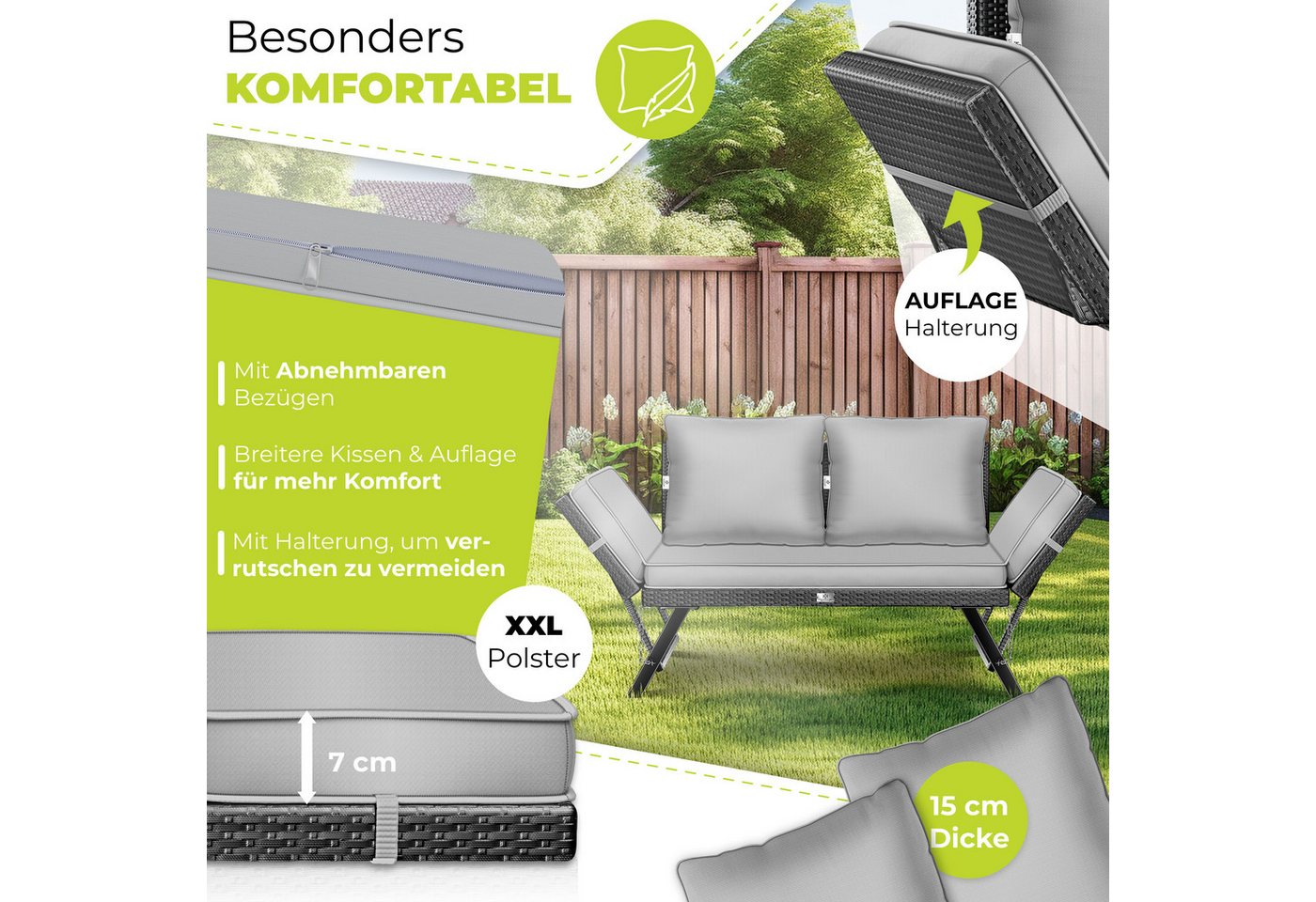 Kesser® Gartenbank Luna, Polyrattan, Liegefunktion, 4-in-1 - Schwarz / Grau Bild 3