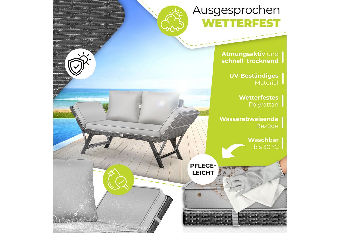 Kesser® Gartenbank Luna, Polyrattan, Liegefunktion, 4-in-1 - Schwarz / Grau Bild 4