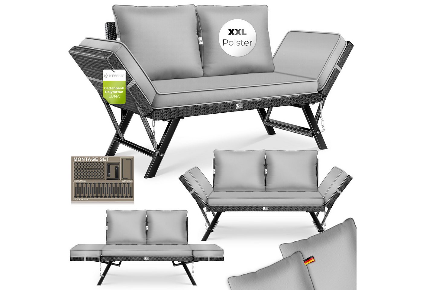 Kesser® Gartenbank Luna, Polyrattan, Liegefunktion, 4-in-1 - Schwarz / Grau Bild 5