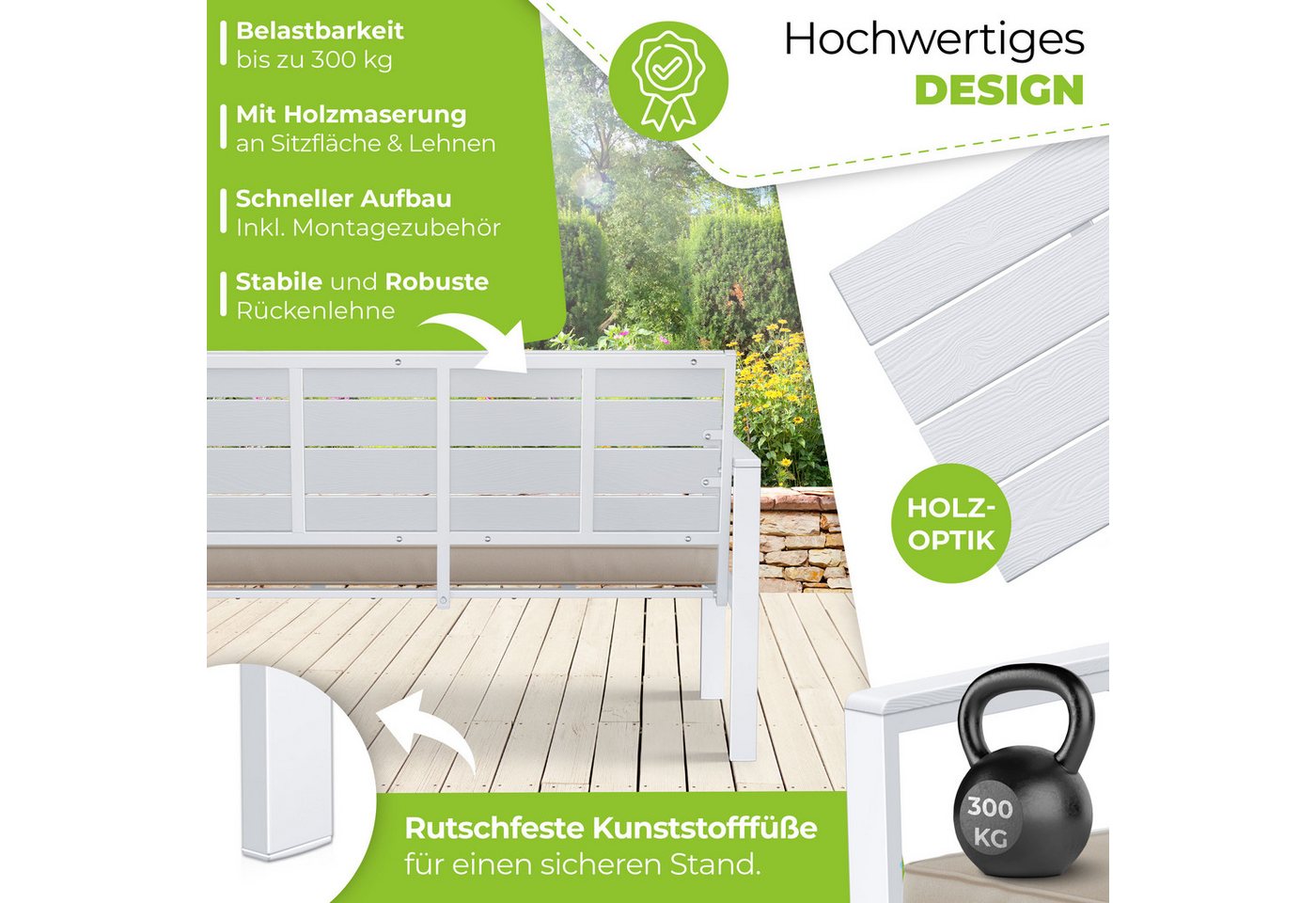 Kesser® Gartenbank Mit Kissen, 2-sitzer, Bis 300 Kg, Holzoptik - Weiß / Weiß Bild 2