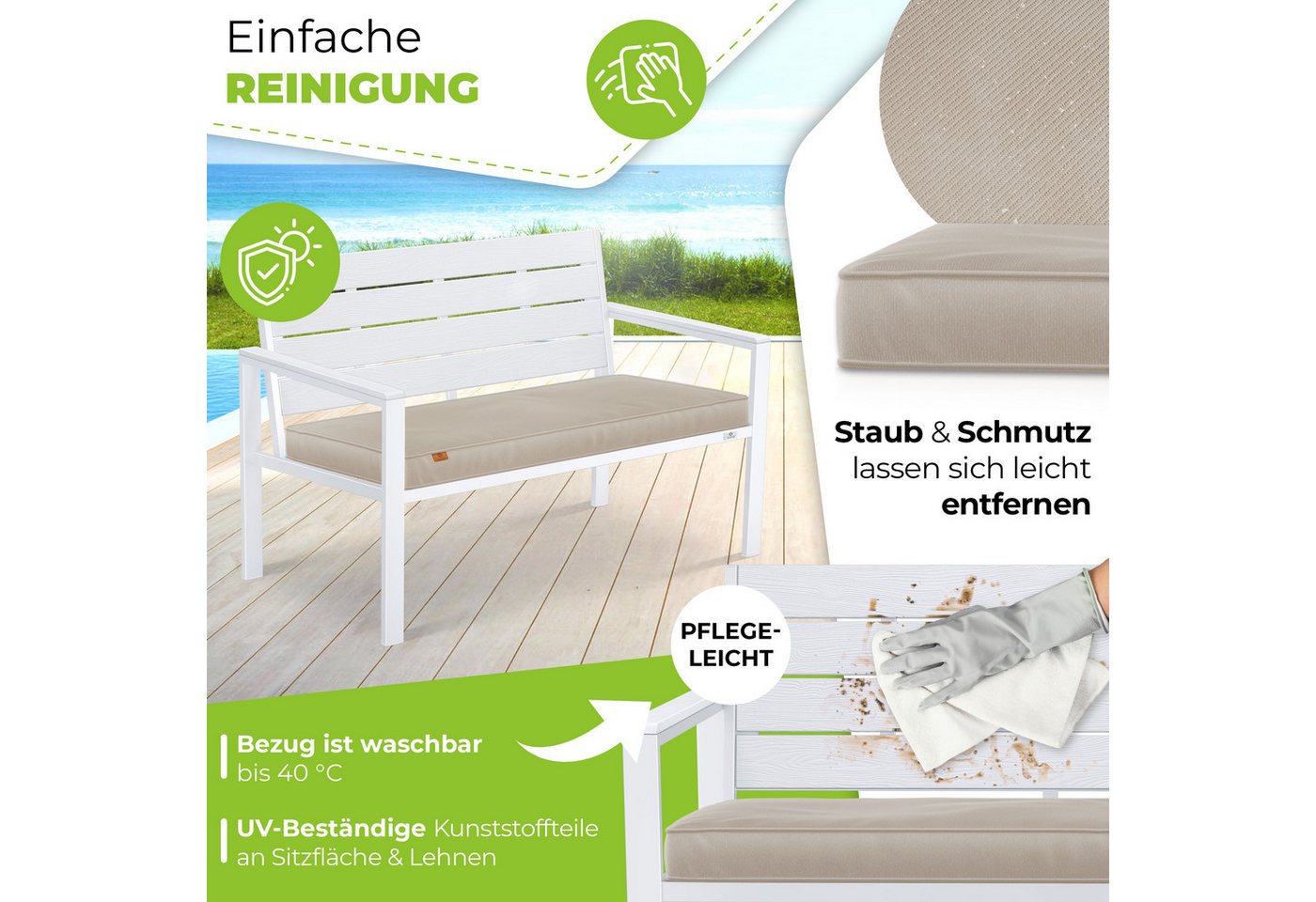 Kesser® Gartenbank Mit Kissen, 2-sitzer, Bis 300 Kg, Holzoptik - Weiß / Weiß Bild 3