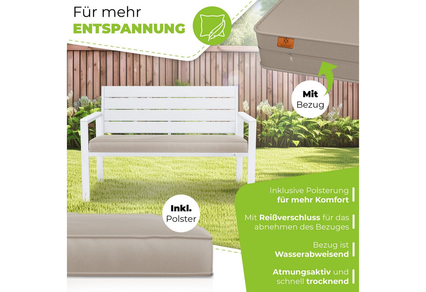 Kesser® Gartenbank Mit Kissen, 2-sitzer, Bis 300 Kg, Holzoptik - Weiß / Weiß Bild 4