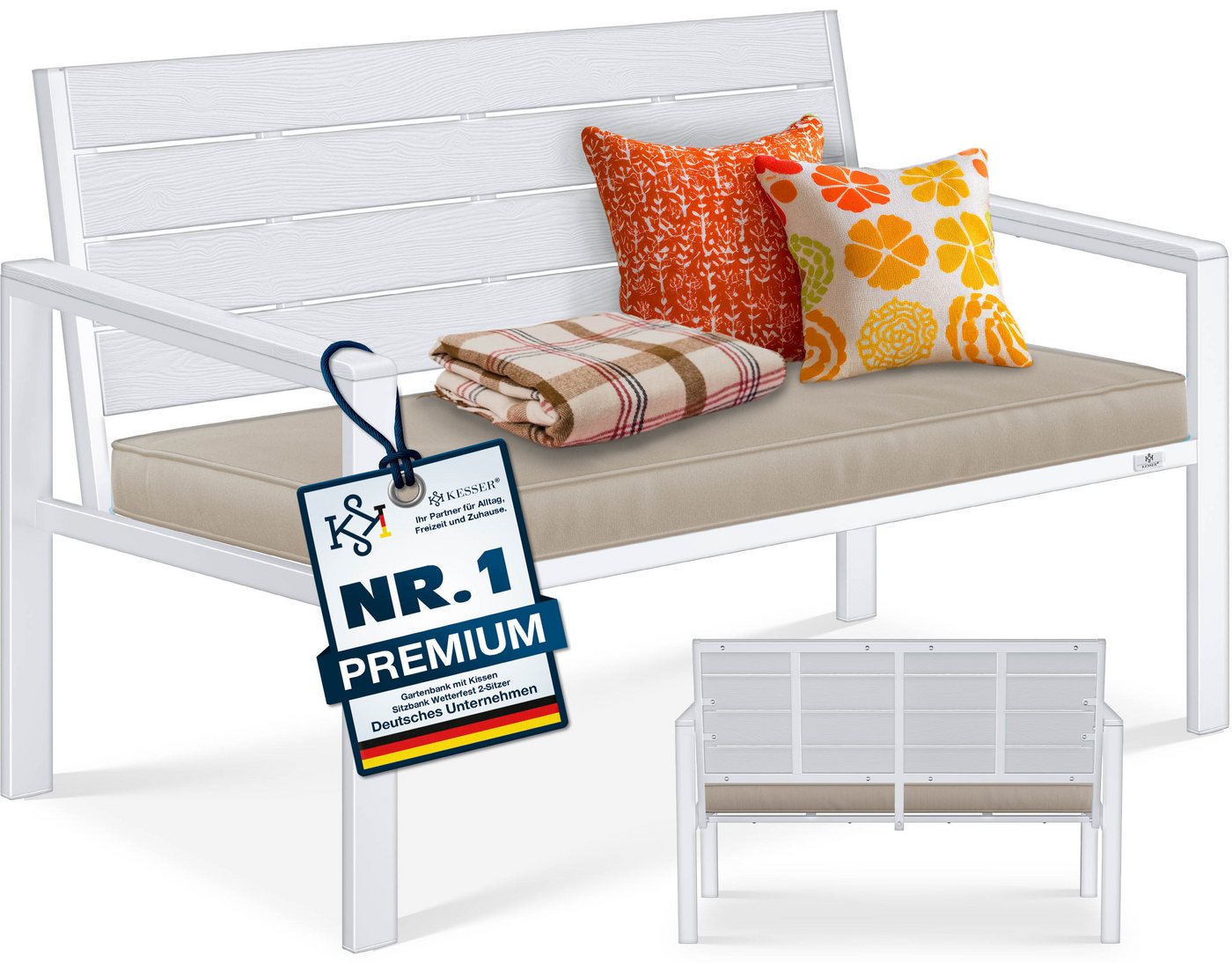 Kesser® Gartenbank Mit Kissen, 2-sitzer, Bis 300 Kg, Holzoptik - Weiß / Weiß Bild 5