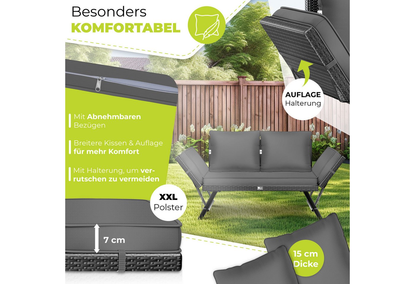 Kesser® Gartenbank Luna, Polyrattan, Liegefunktion, 4-in-1 - Schwarz / Anthrazit