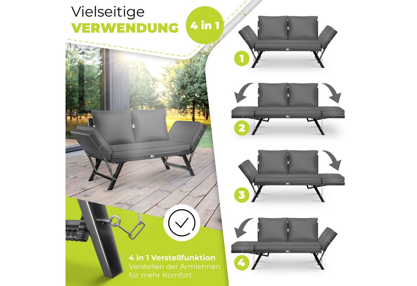 Kesser® Gartenbank Luna, Polyrattan, Liegefunktion, 4-in-1 - Schwarz / Anthrazit Bild 2