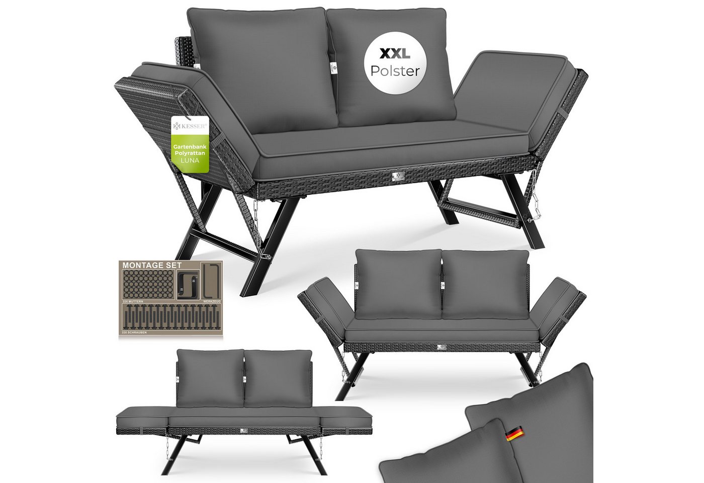 Kesser® Gartenbank Luna, Polyrattan, Liegefunktion, 4-in-1 - Schwarz / Anthrazit Bild 3