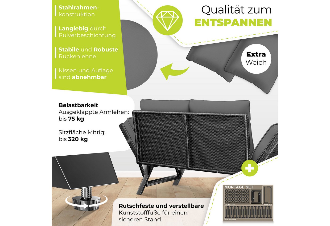 Kesser® Gartenbank Luna, Polyrattan, Liegefunktion, 4-in-1 - Schwarz / Anthrazit Bild 4